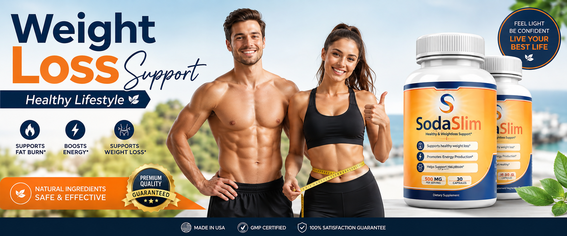 SodaSlim healthy weight loss support supplement with happy fit couple and product bottles